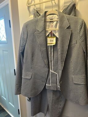 Anne Klein Classic Black & Optic White Seersucker Striped Blazer & Pants Set/ 14